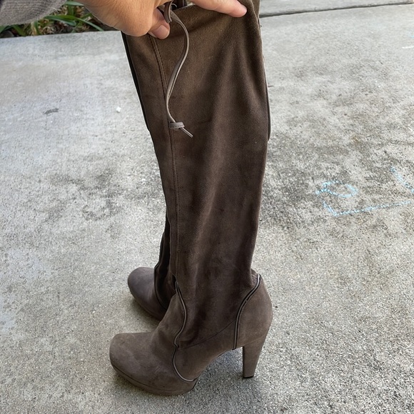 SHY suede knee high boots heeled 36 Laceup back square toe used grey tan sand - Picture 7 of 8